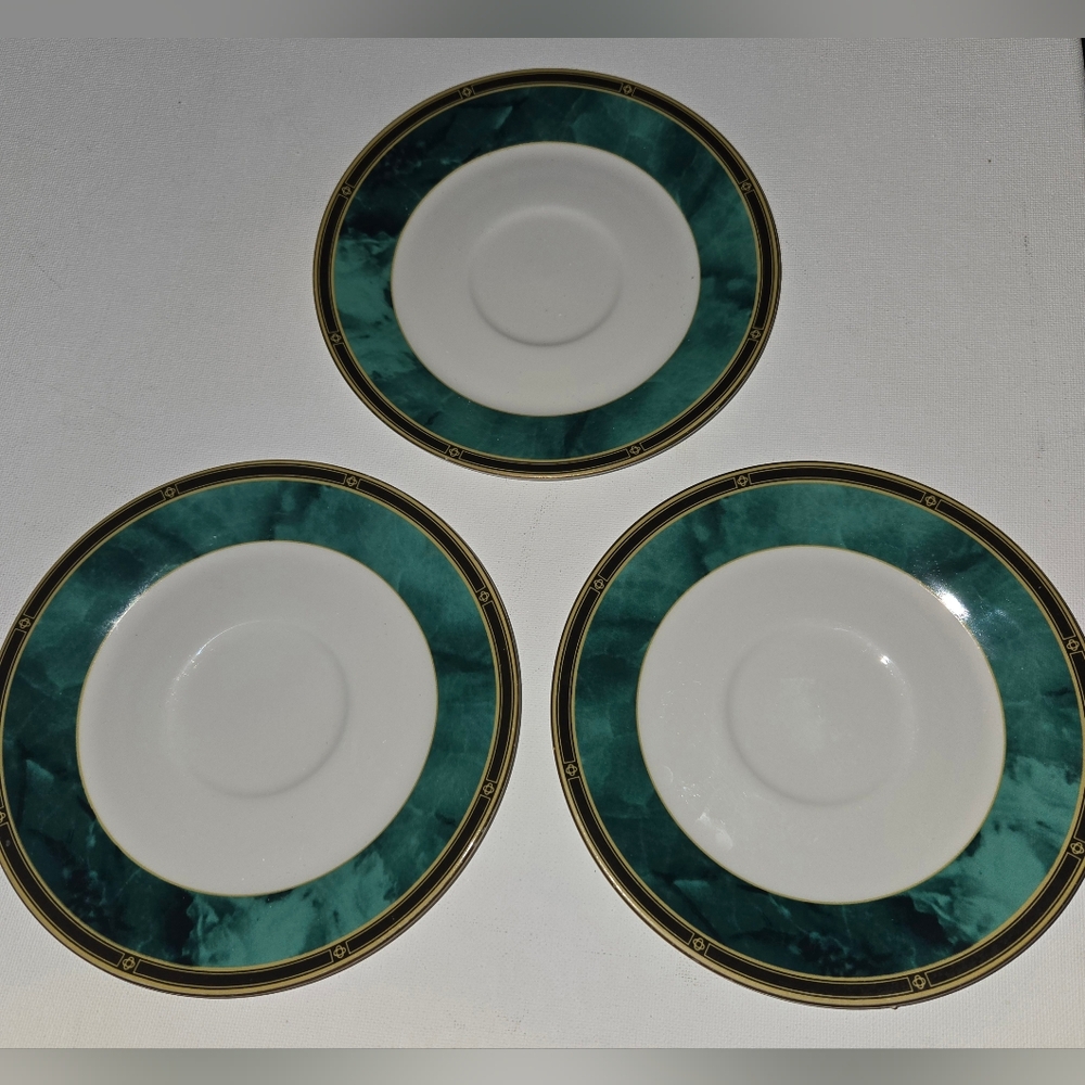JADE GARLAND Green Marble Rim/GOLD BLK FineChina/3 Saucers